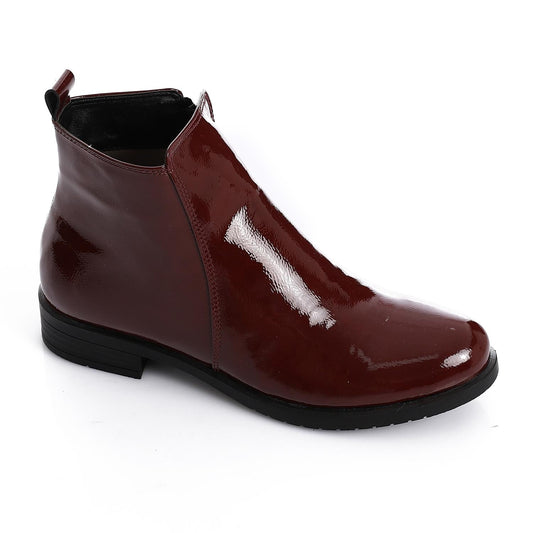 Patent Leather Ankle Boot with Zipper Closure-Burgundy