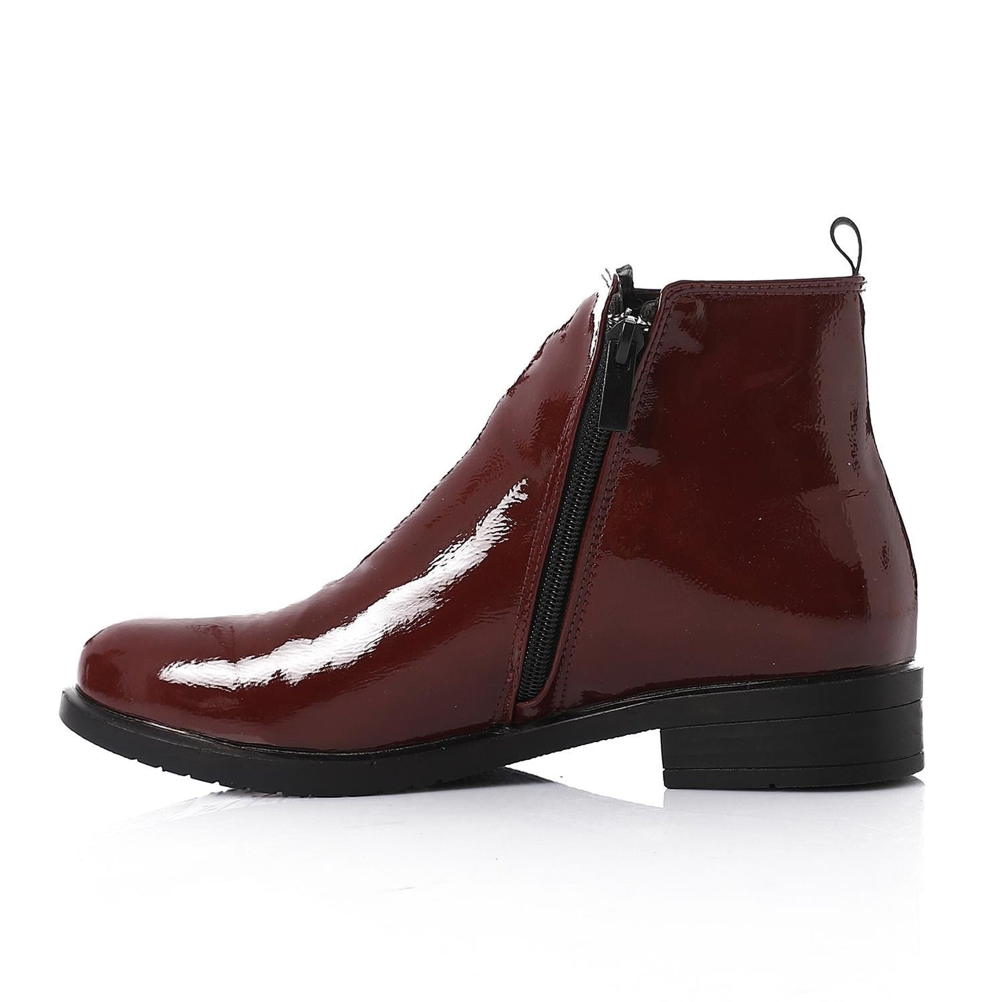 Patent Leather Ankle Boot with Zipper Closure-Burgundy