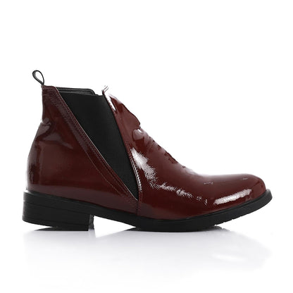 Patent Leather Ankle Boot with Zipper Closure-Burgundy