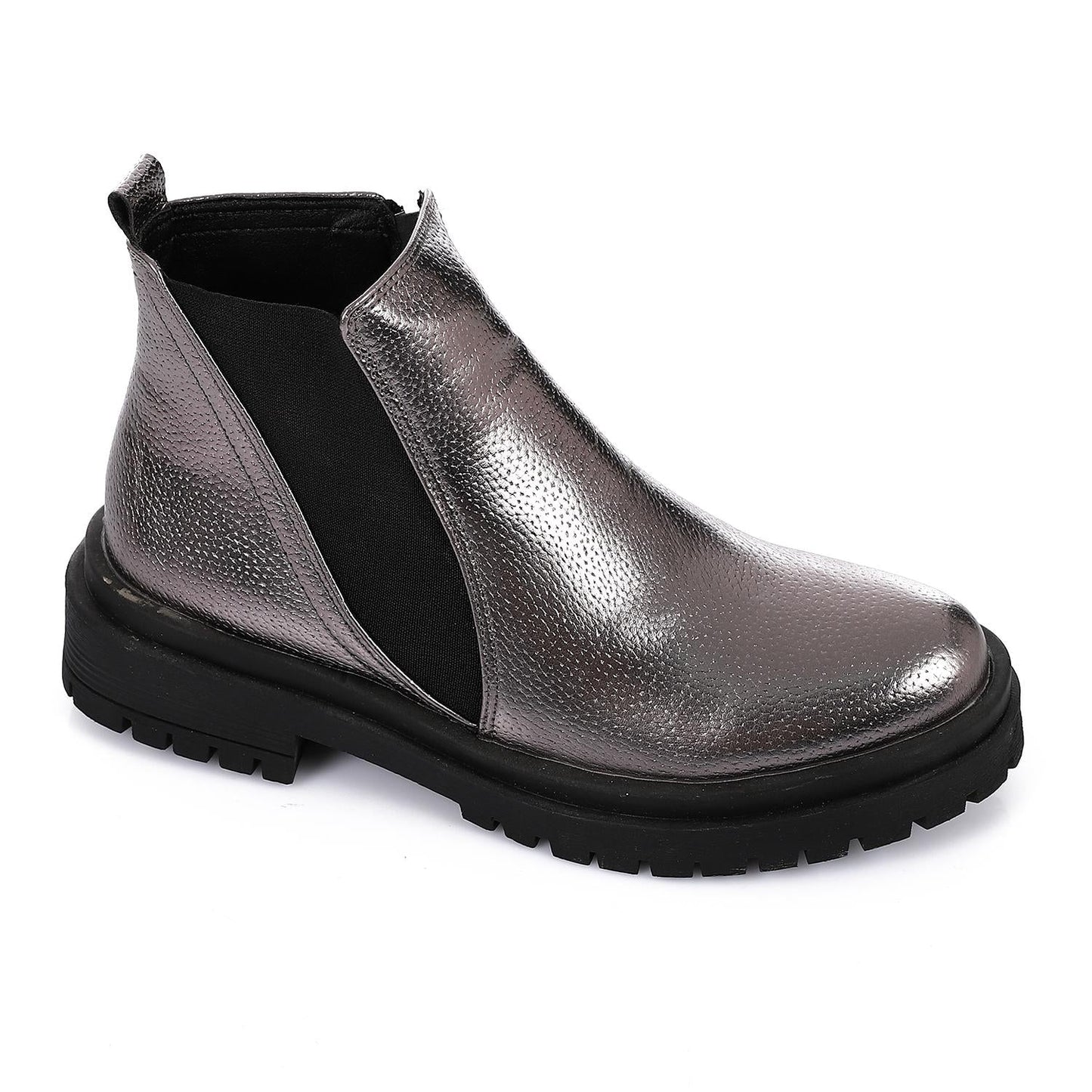 Leather Ankle Boot with Zipper Closure-Silver