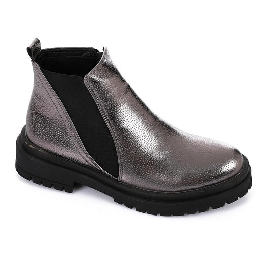 Leather Ankle Boot with Zipper Closure-Silver