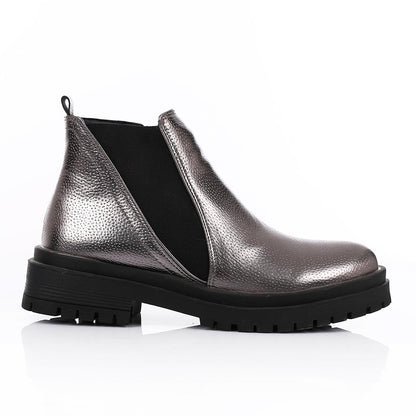 Leather Ankle Boot with Zipper Closure-Silver