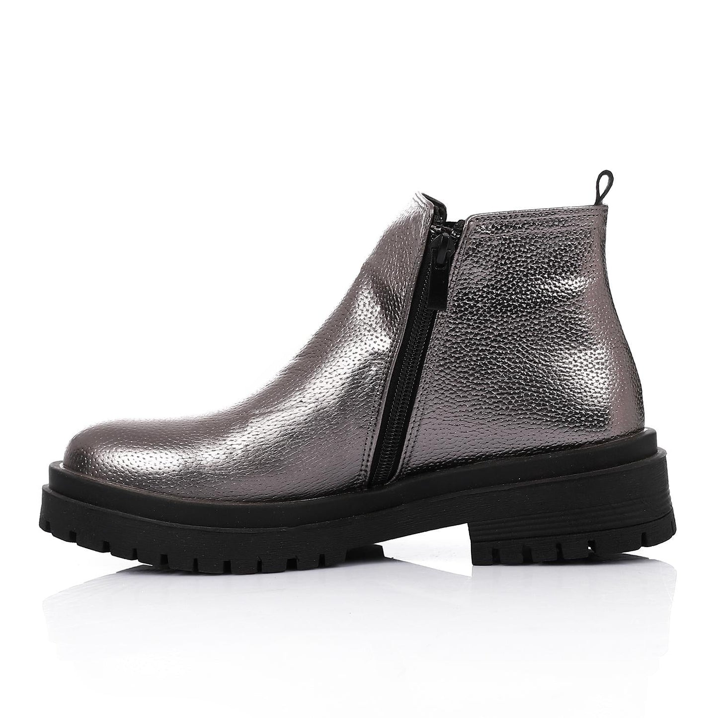 Leather Ankle Boot with Zipper Closure-Silver