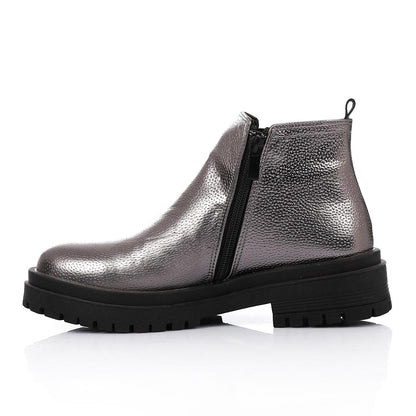 Leather Ankle Boot with Zipper Closure-Silver