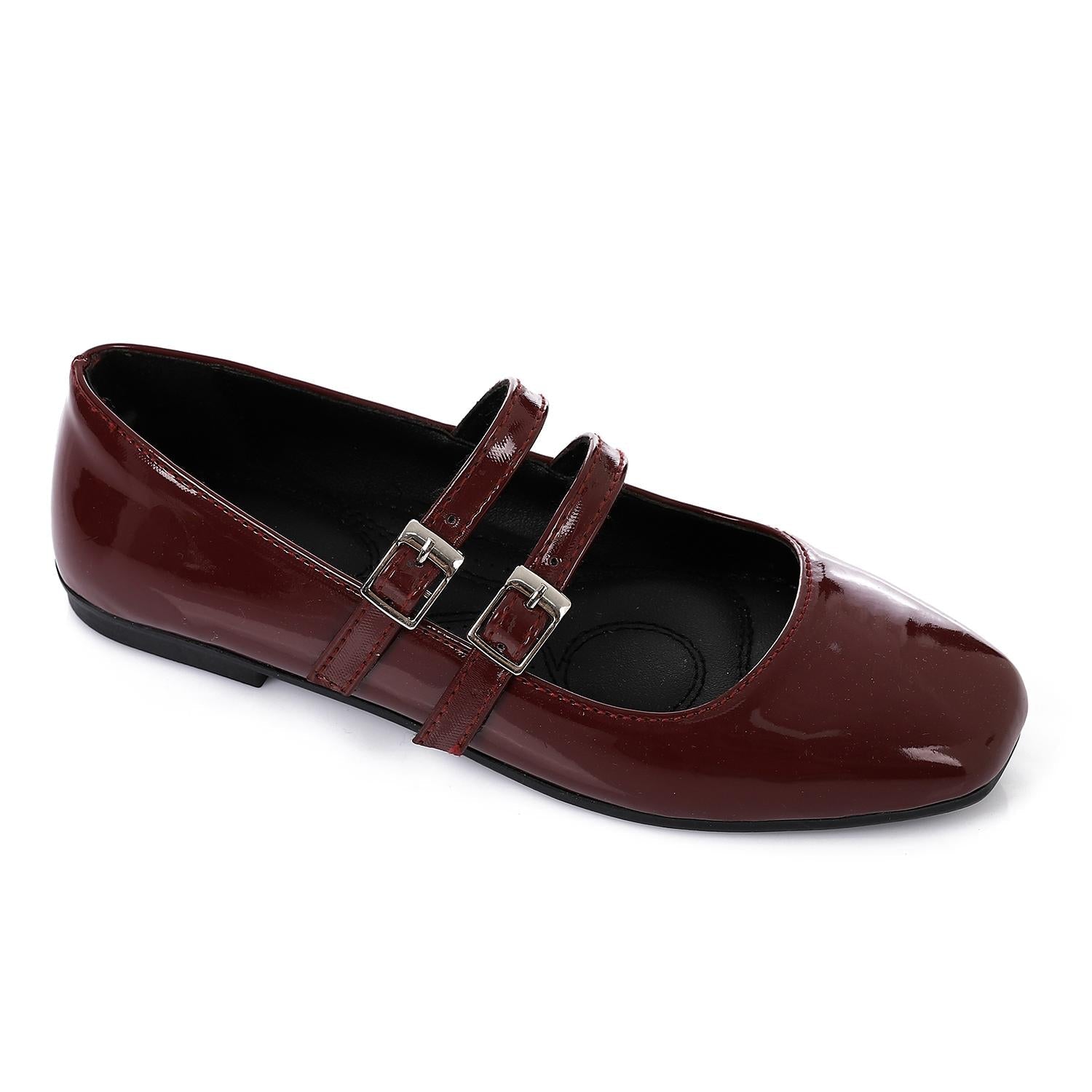 Patent Leather Double Buckled Mary Janes - Burgundy