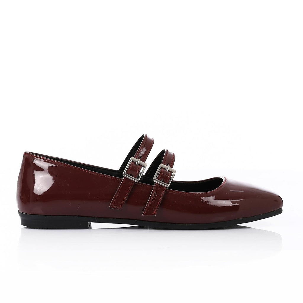 Patent Leather Double Buckled Mary Janes - Burgundy