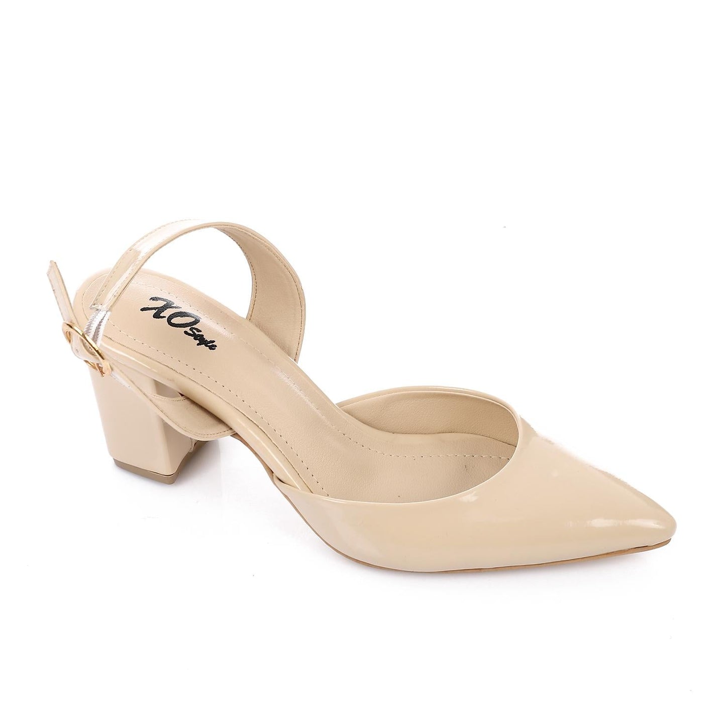 Patent Leather Buckled Block Heel Court Shoes - Beige