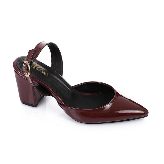 Patent Leather Buckled Block Heel Court Shoes - Burgundy