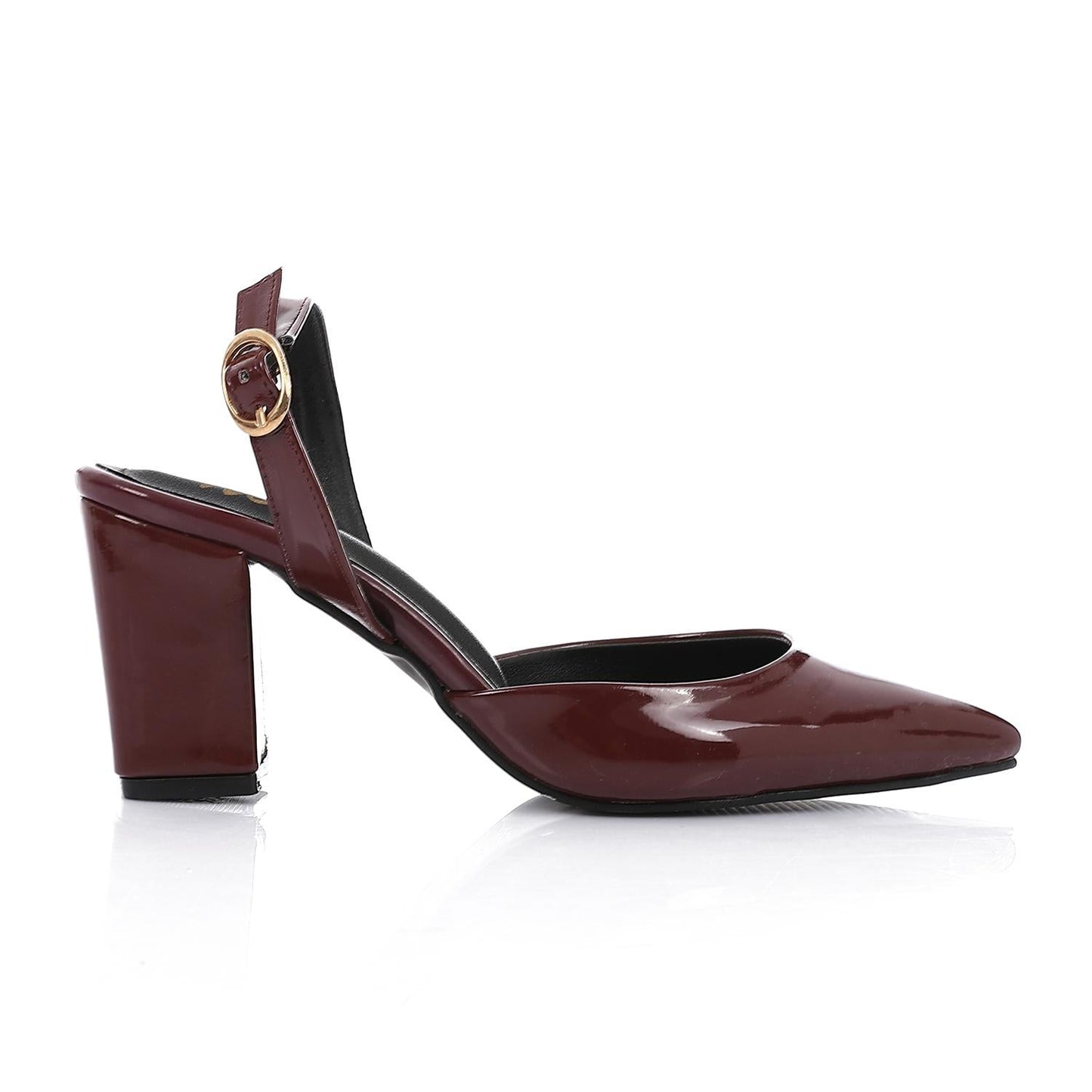 Patent Leather Buckled Block Heel Court Shoes - Burgundy