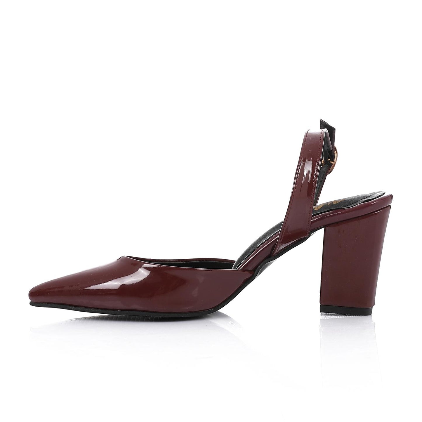 Patent Leather Buckled Block Heel Court Shoes - Burgundy