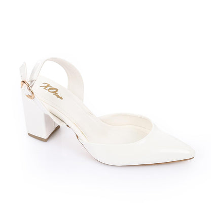 Patent Leather Buckled Block Heel Court Shoes - White