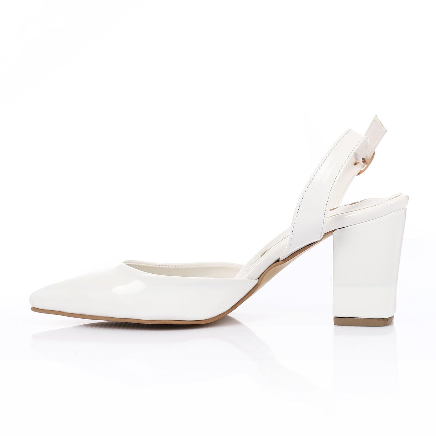 Patent Leather Buckled Block Heel Court Shoes - White