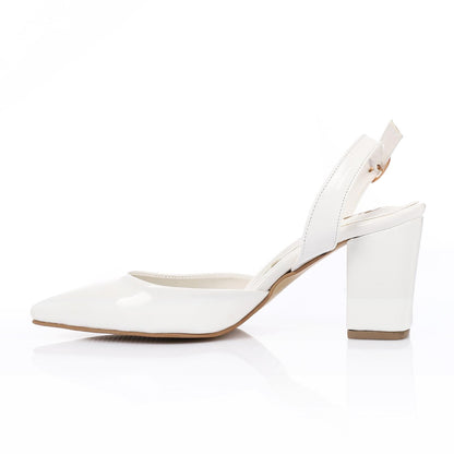 Patent Leather Buckled Block Heel Court Shoes - White