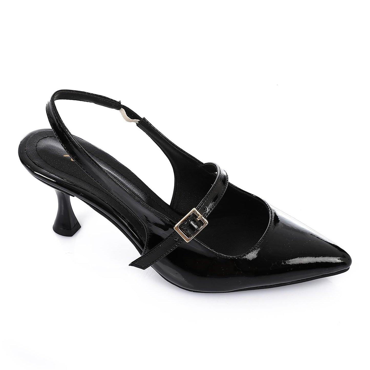 Patent Leather Pointed Toe Slingback Court Shoes with Decorative Buckle - Black