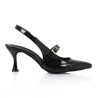 Patent Leather Pointed Toe Slingback Court Shoes with Decorative Buckle - Black