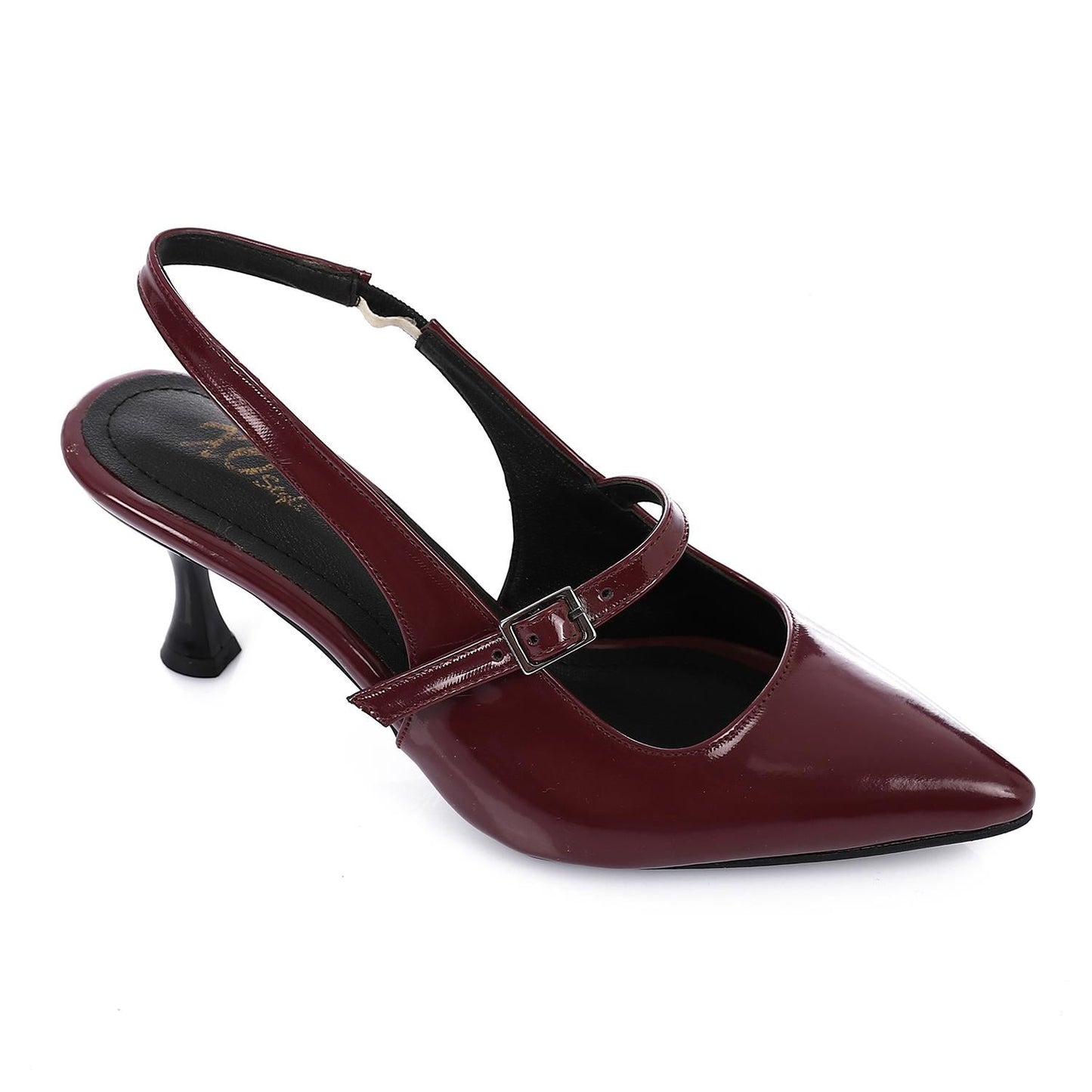 Patent Leather Pointed Toe Slingback Court Shoes with Decorative Buckle - Burgundy