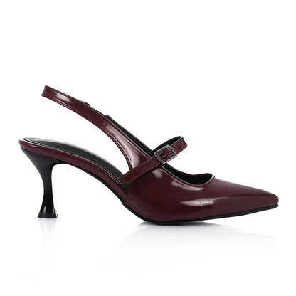 Patent Leather Pointed Toe Slingback Court Shoes with Decorative Buckle - Burgundy