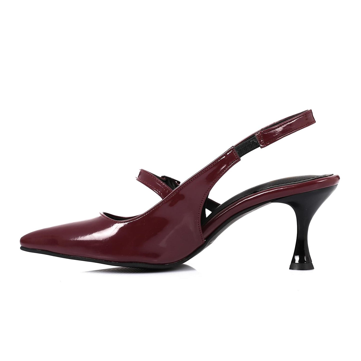 Patent Leather Pointed Toe Slingback Court Shoes with Decorative Buckle - Burgundy