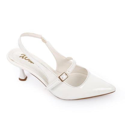 Patent Leather Pointed Toe Slingback Court Shoes with Decorative Buckle - White