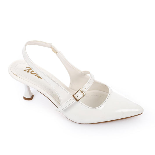 Patent Leather Pointed Toe Slingback Court Shoes with Decorative Buckle - White