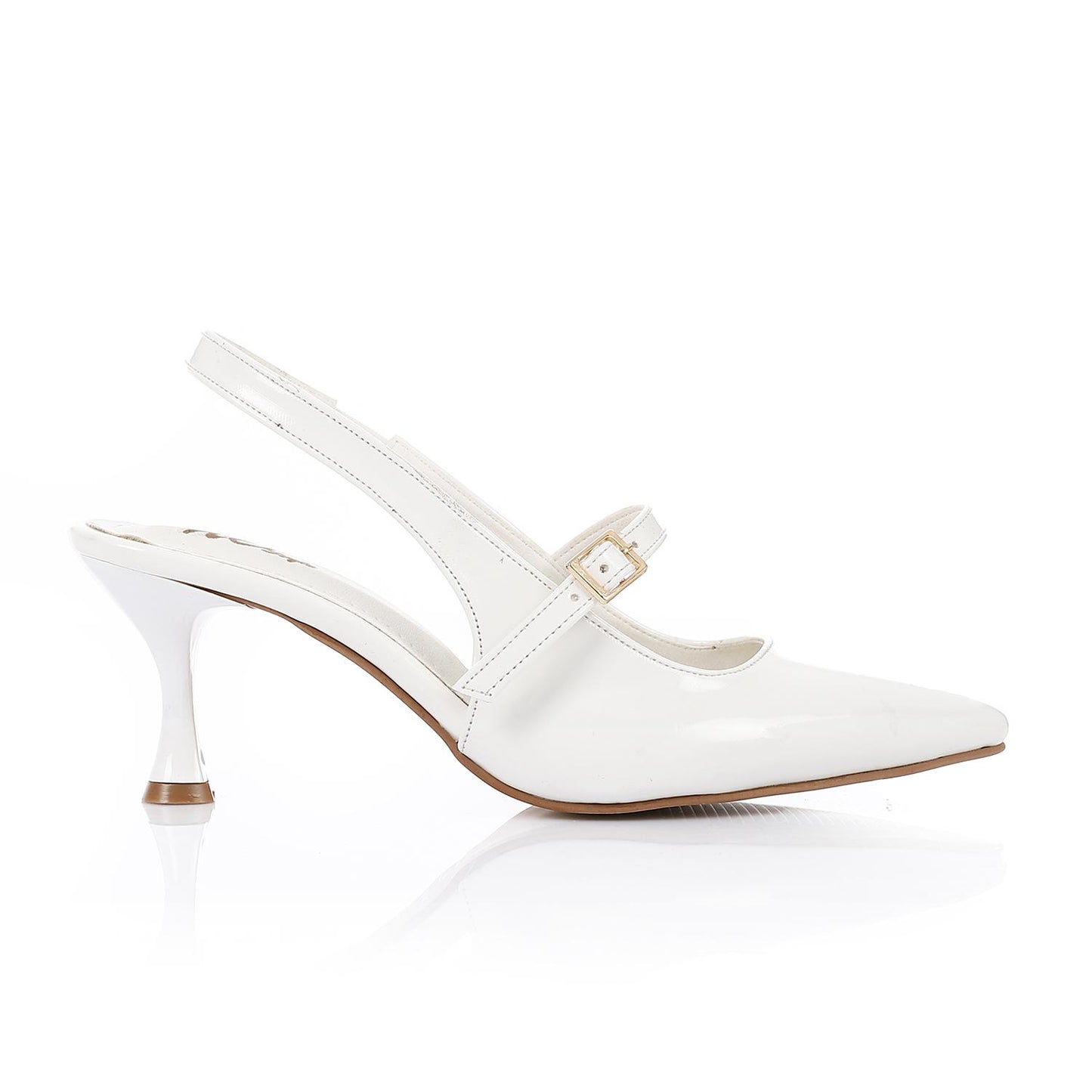 Patent Leather Pointed Toe Slingback Court Shoes with Decorative Buckle - White