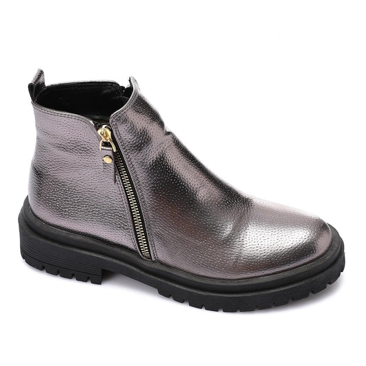 Leather Ankle Boot With Side Zipper Smokey