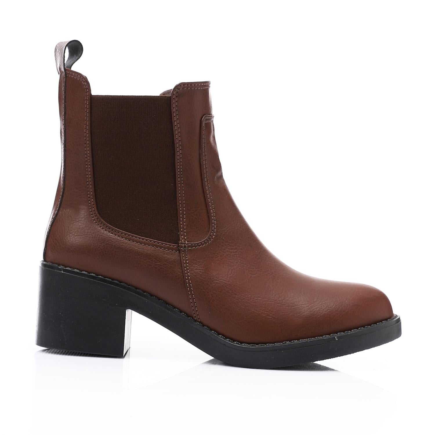 Leather Ankle Chelsea Boot with Block Heel - Brown