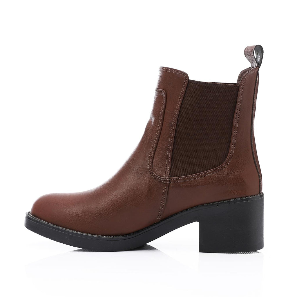 Leather Ankle Chelsea Boot with Block Heel - Brown