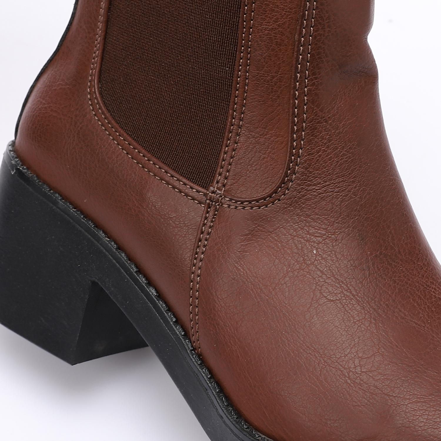 Leather Ankle Chelsea Boot with Block Heel - Brown