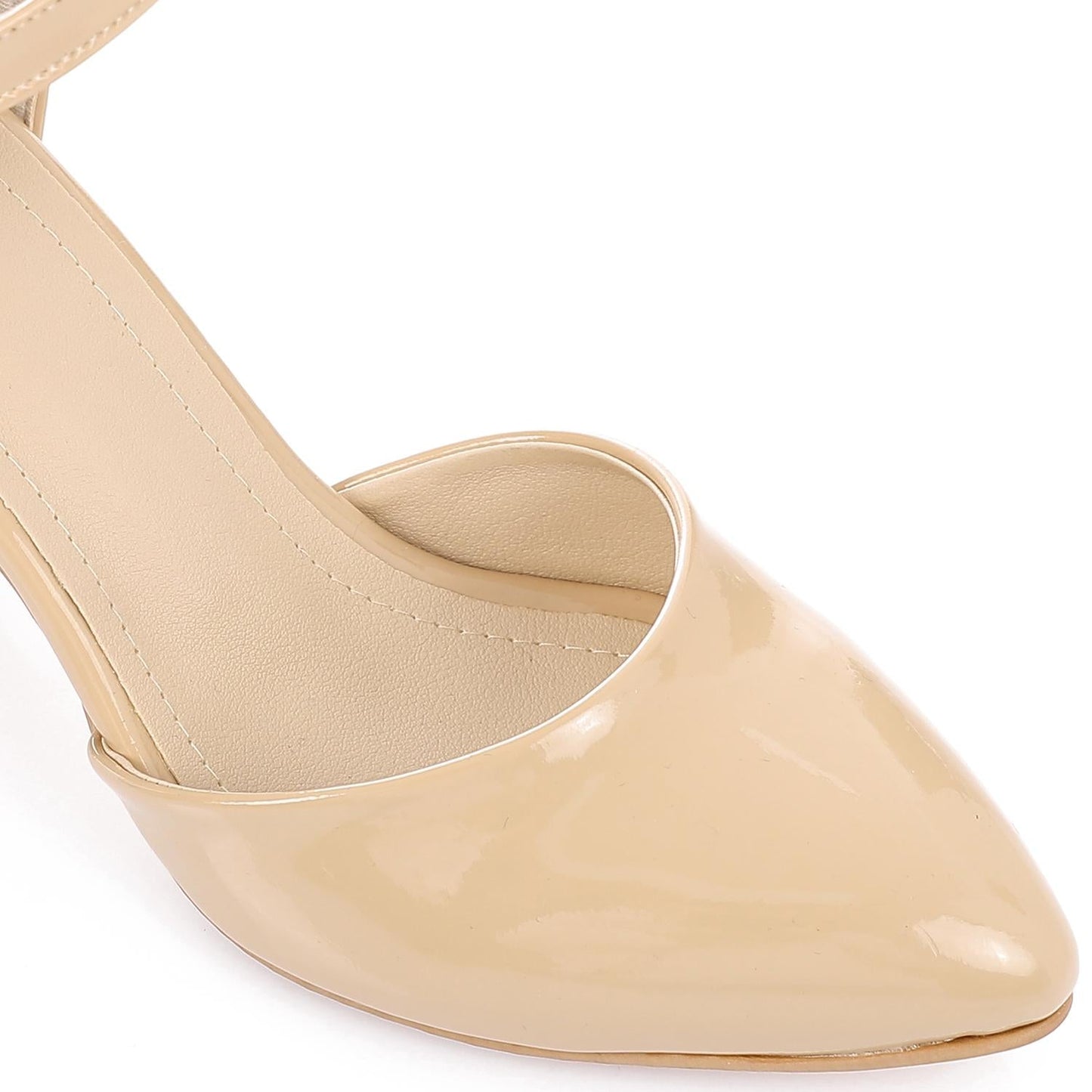 Patent Leather Heeled Shoes with Ankle Strap - Beige