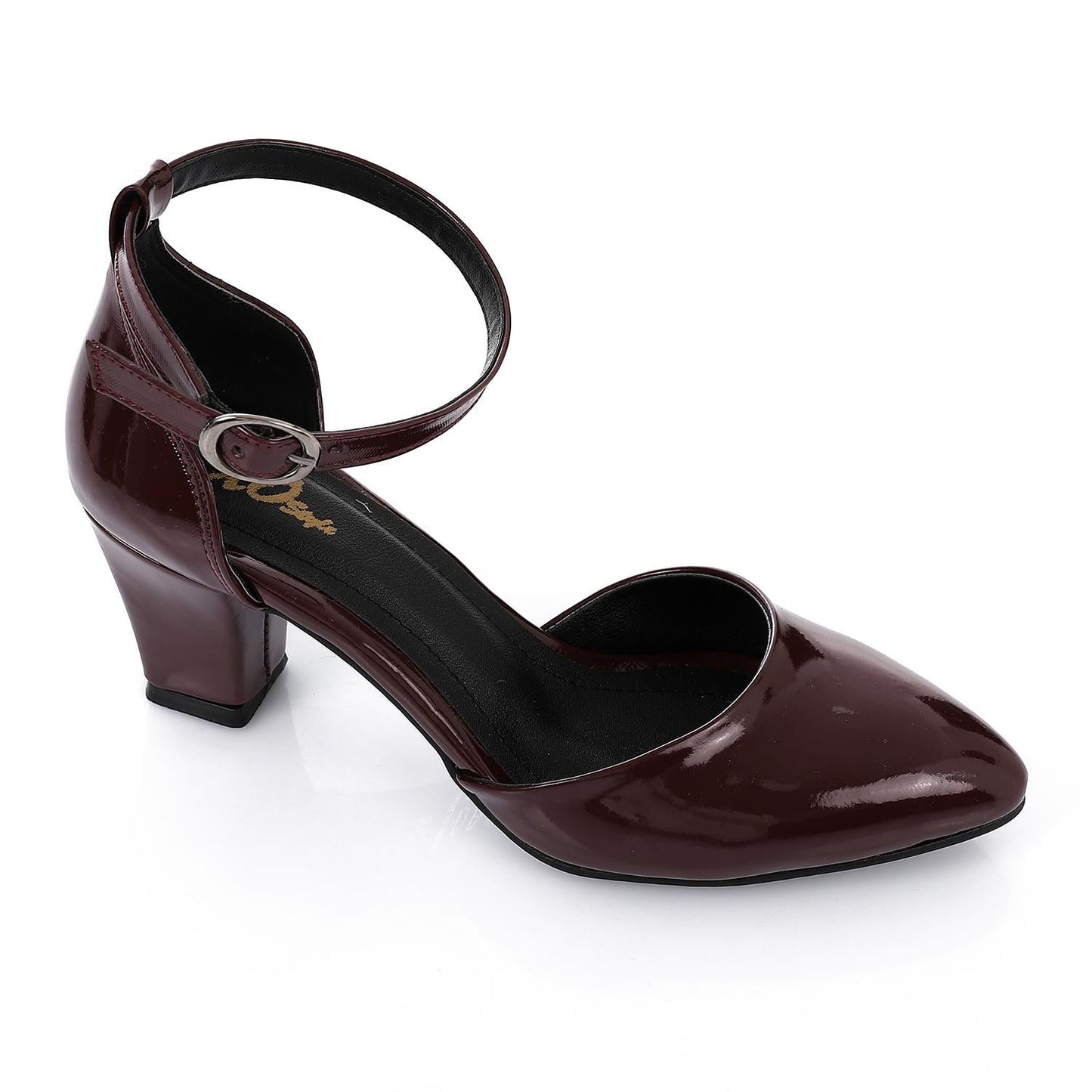 Patent Leather Heeled Shoes with Ankle Strap - Burgundy