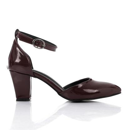 Patent Leather Heeled Shoes with Ankle Strap - Burgundy