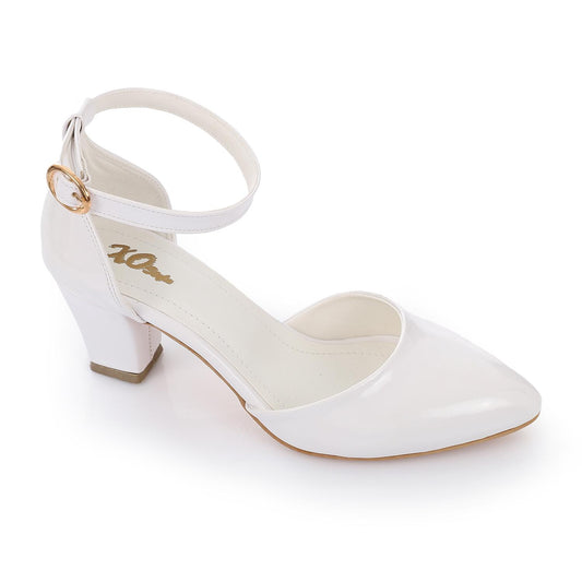 Patent Leather Heeled Shoes with Ankle Strap - White