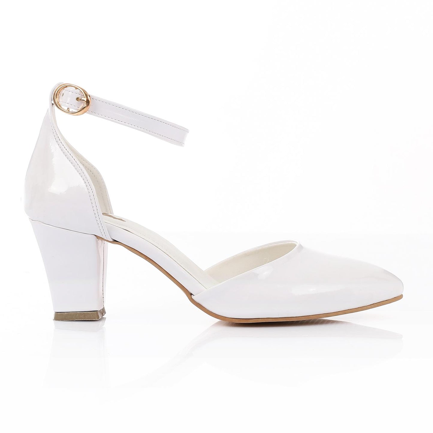 Patent Leather Heeled Shoes with Ankle Strap - White