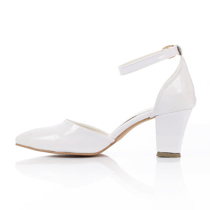 Patent Leather Heeled Shoes with Ankle Strap - White