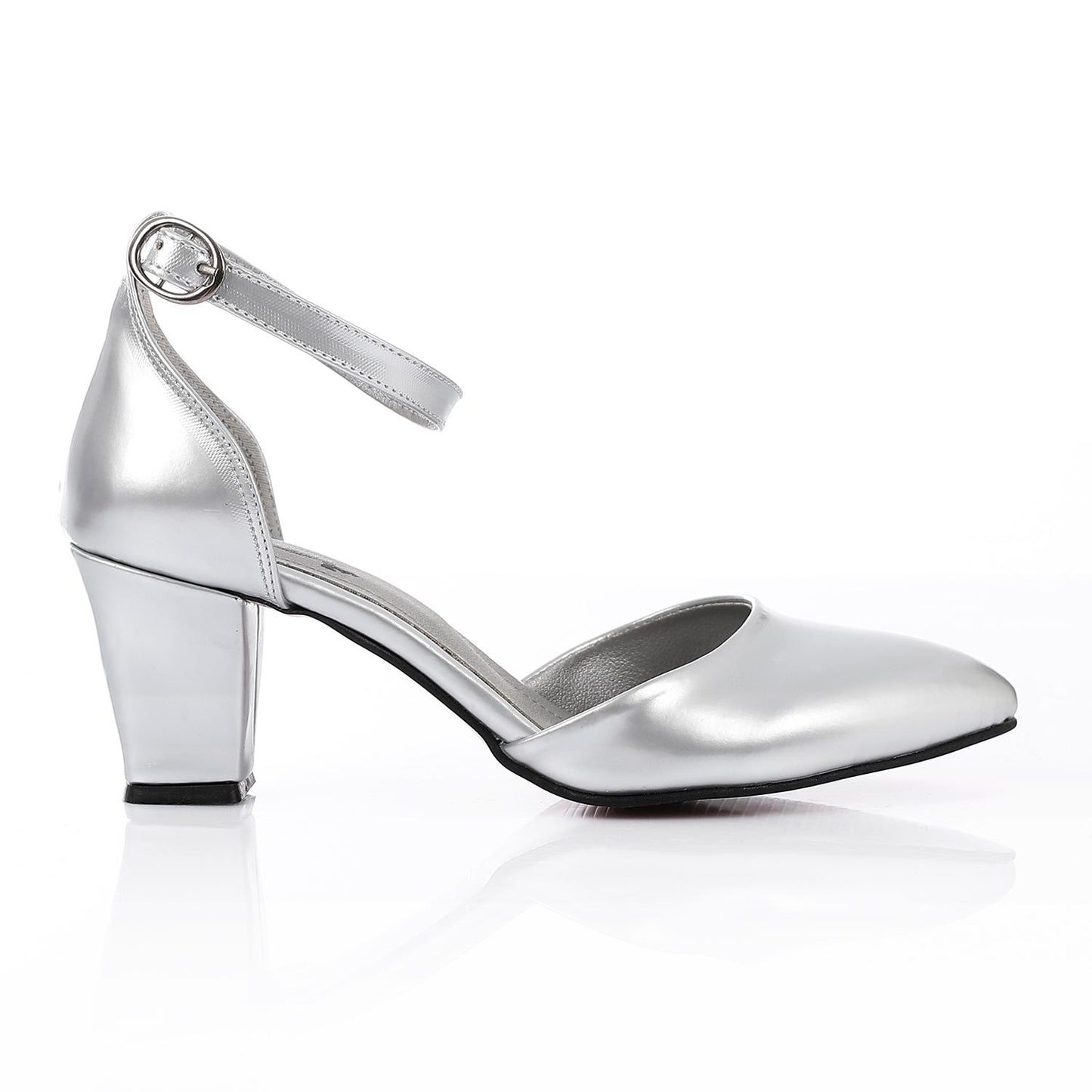 Patent Leather Heeled Shoes with Ankle Strap - Silver