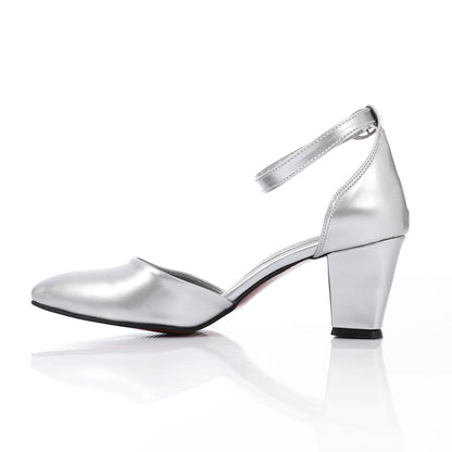 Patent Leather Heeled Shoes with Ankle Strap - Silver