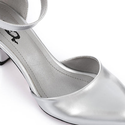 Patent Leather Heeled Shoes with Ankle Strap - Silver