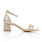 Metallic Leather Low Heeled Ankle Strap Sandals - Gold