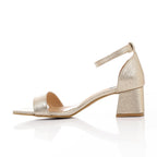 Metallic Leather Low Heeled Ankle Strap Sandals - Gold