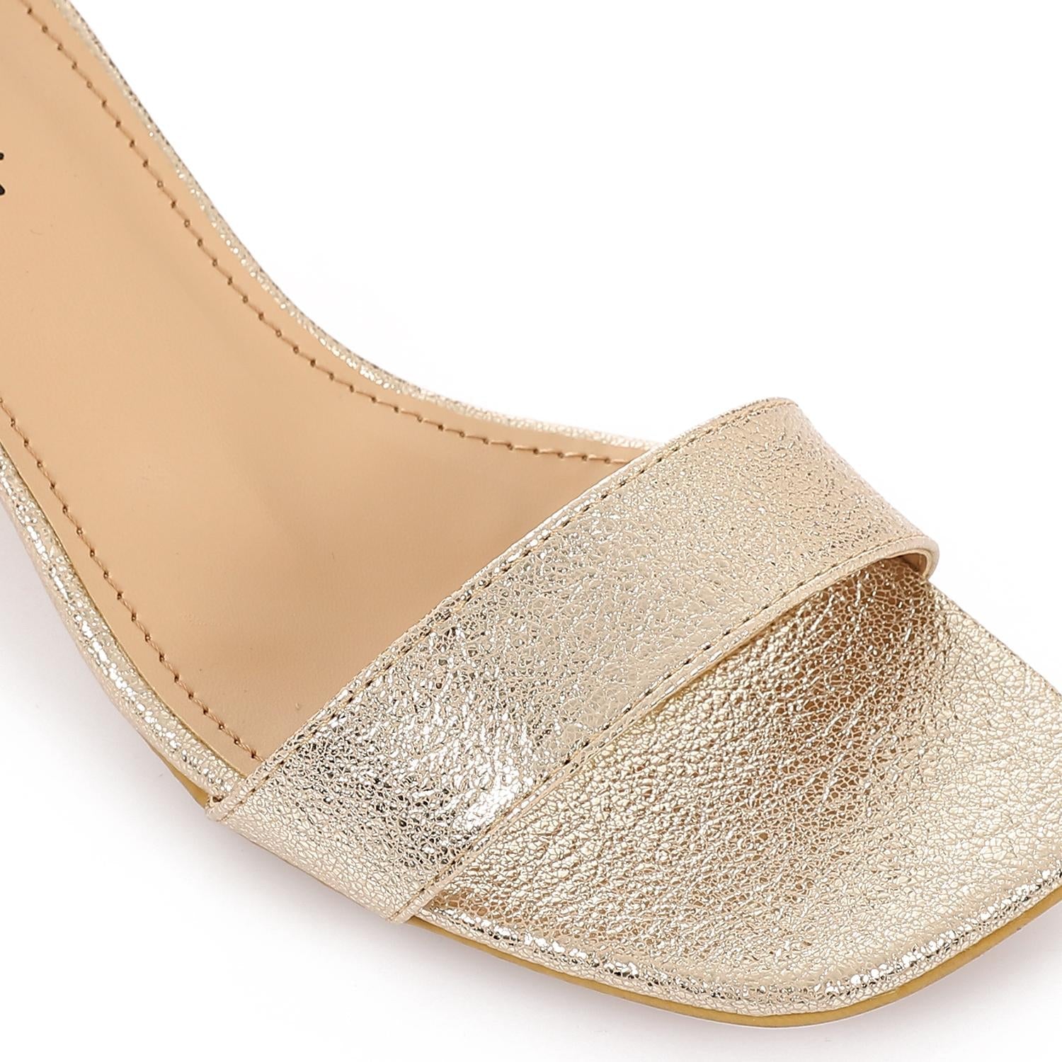 Metallic Leather Low Heeled Ankle Strap Sandals - Gold