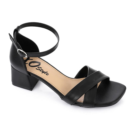 Leather Low Heeled Ankle Strap Sandals - Black