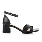 Black Faux Leather Square-Toe Ankle Strap Block Heel Sandal