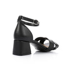 Black Faux Leather Square-Toe Ankle Strap Block Heel Sandal