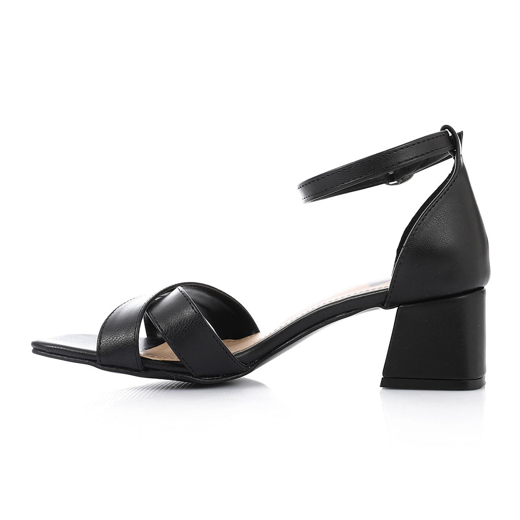 Black Faux Leather Square-Toe Ankle Strap Block Heel Sandal