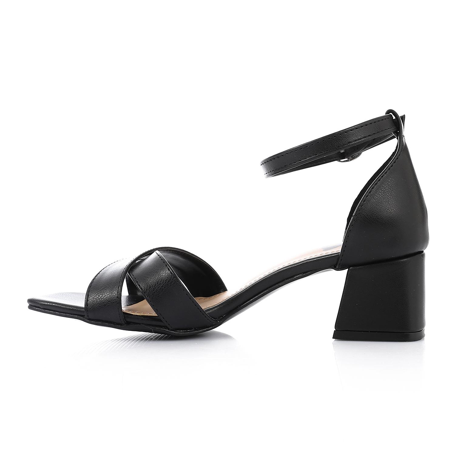 Black Faux Leather Square-Toe Ankle Strap Block Heel Sandal