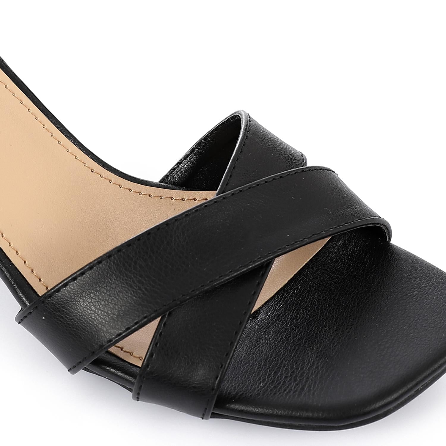 Black Faux Leather Square-Toe Ankle Strap Block Heel Sandal