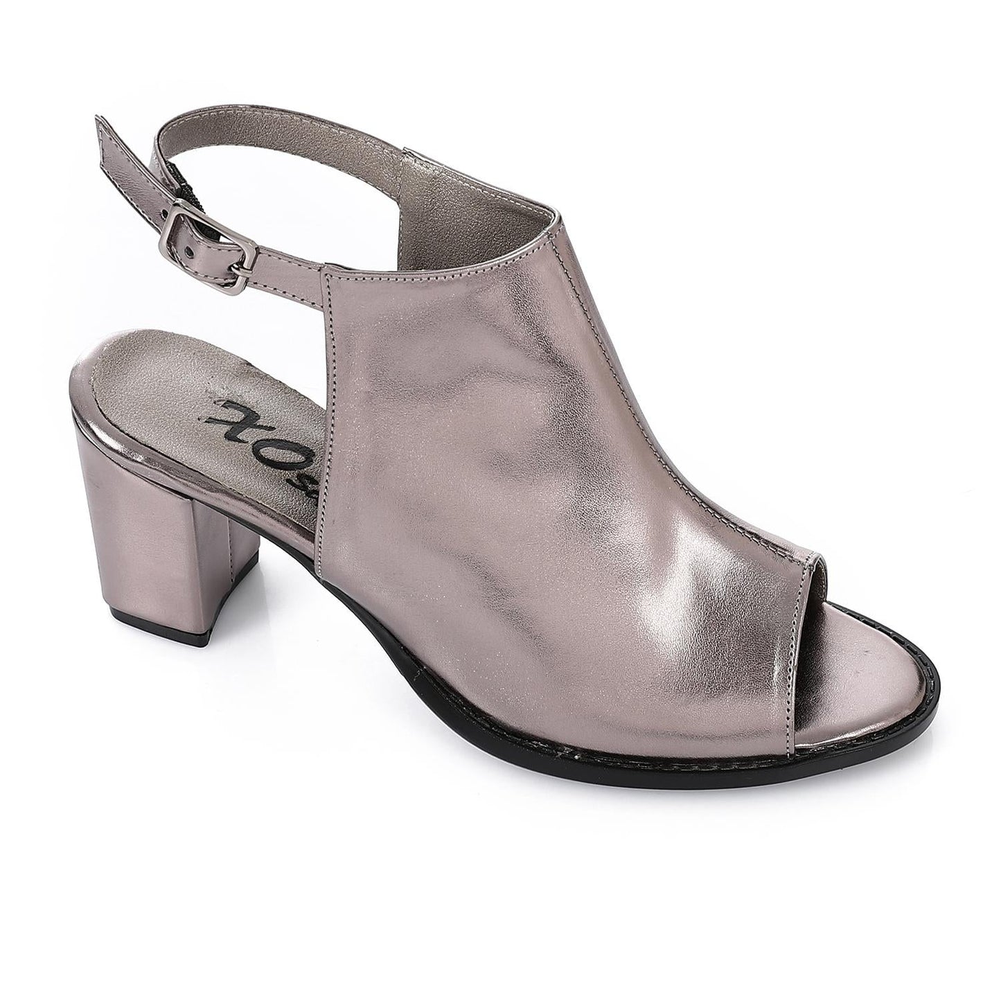 Metallic Leather Open Toe Block Heeled Sandals - Smoky