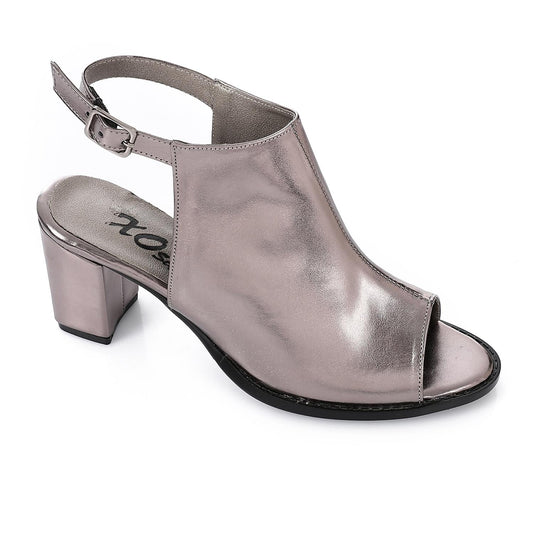 Metallic Leather Open Toe Block Heeled Sandals - Smoky