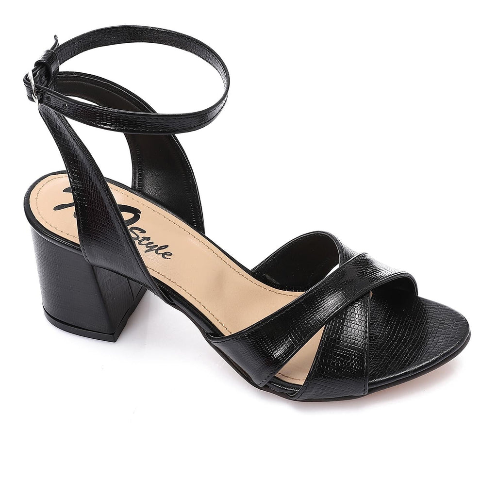 Black Shiny Cross-Strap Block Heel Sandals with Ankle Strap